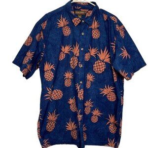 Cooke Street Honolulu Blue Cotton Pink Pineapple Hawaiian Aloha Shirt XL #7811